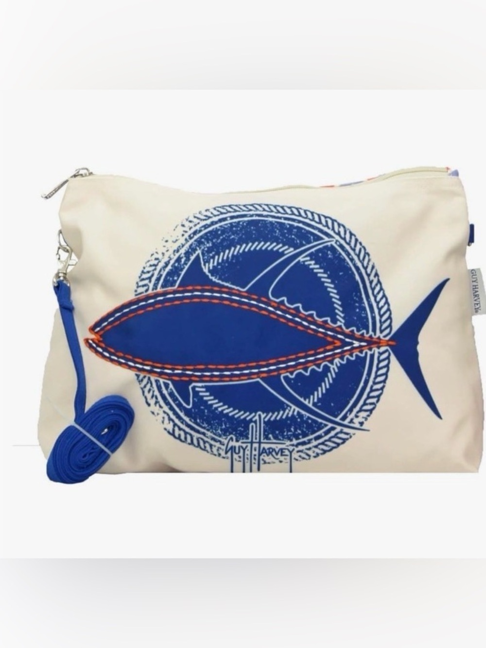 Guy Harvey Cream Canvas Crossbody Pouch with Blue Fish Motif